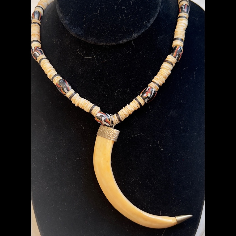 Vintage Seashell & HAND CARVED BOVINE TOOTH PENDANT